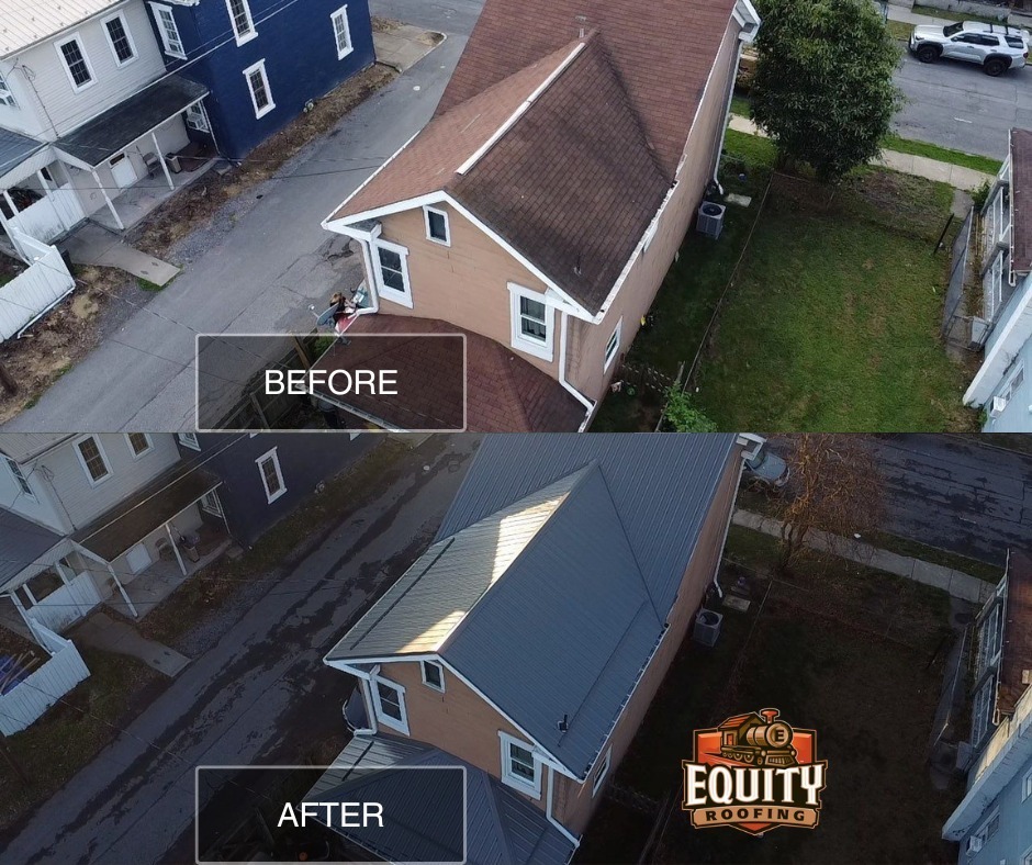 Before and After of metal roof replacement on Sunbury, PA home