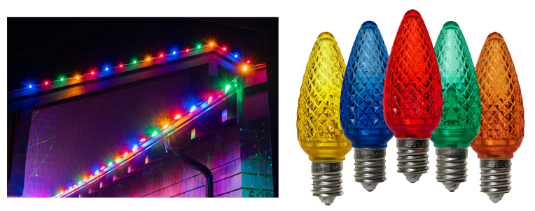 Classic C9 bulbs on a roofline in multiple colors