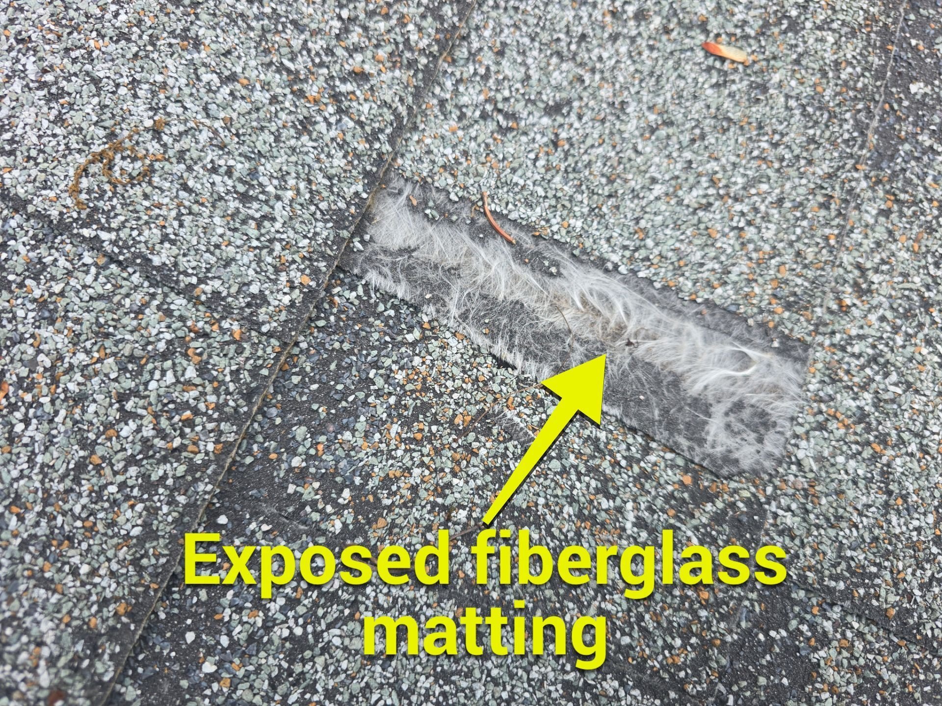 Exposed fiberglass matting on shingle roof in Williamsport PA