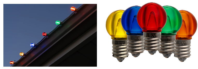 Super bright G30 bulbs on a roofline in multiple colors